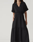 VESTIDO LONGO DECOTE V COM GOLA - PRETO